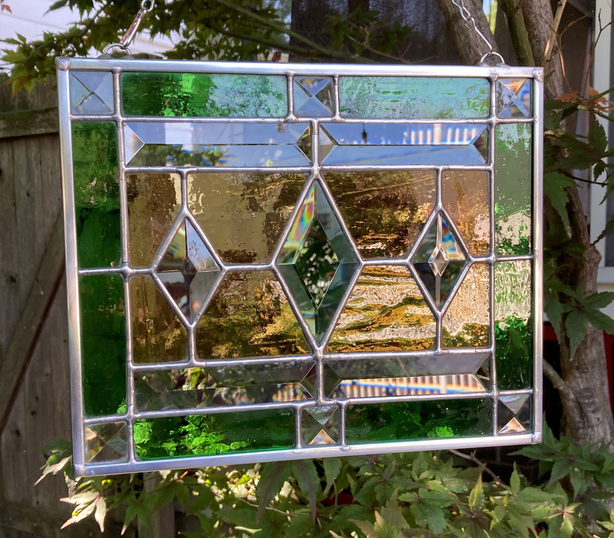 Stained Glass Rectangular Hanging Panel With Three Diamond Etsy