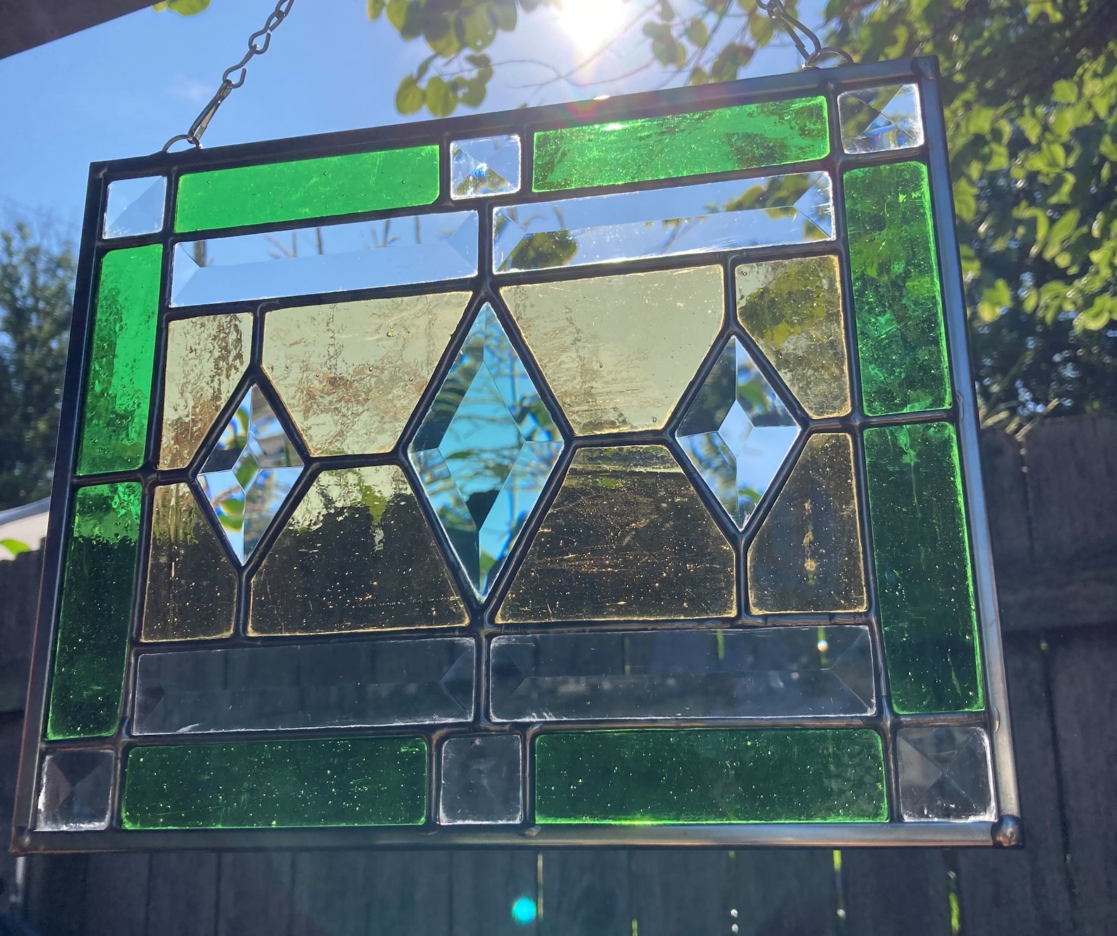 Stained Glass Rectangular Hanging Panel With Three Diamond Etsy