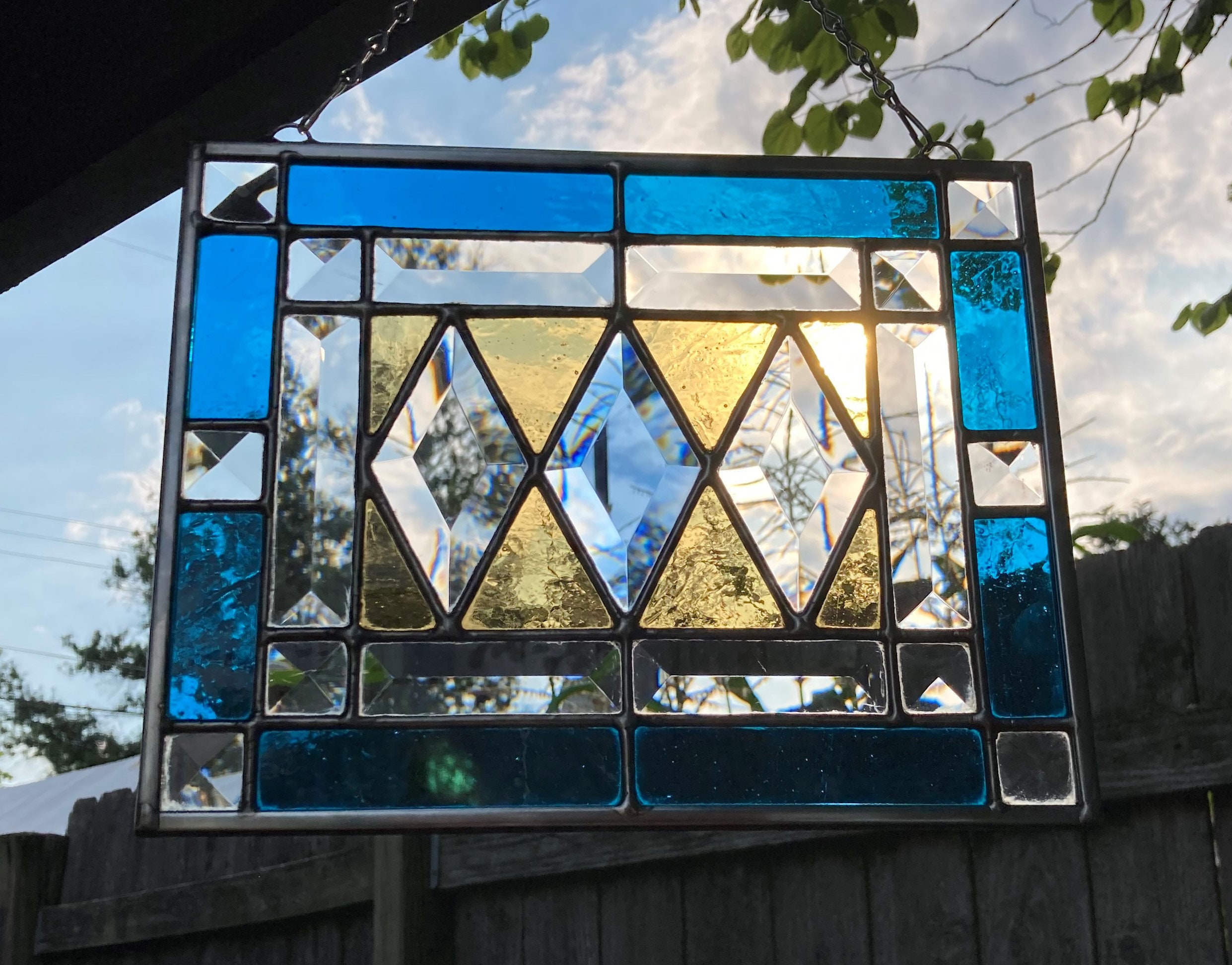 Stained Glass Rectangular Hanging Panel With Three Diamond Etsy