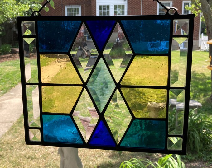 Stained Glass Rectangular Hanging Panel With Clear Border Bevels and