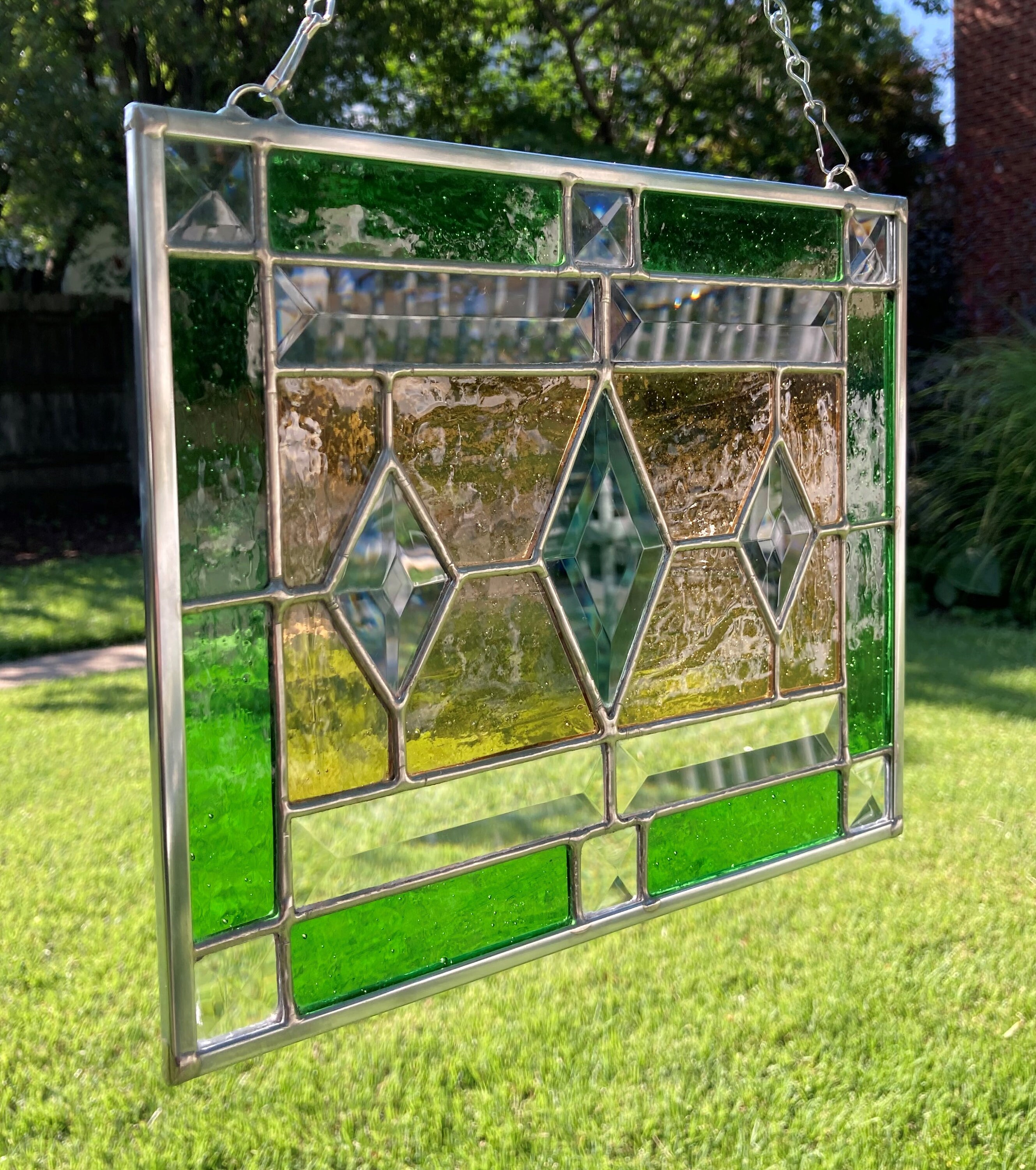 Stained Glass Rectangular Hanging Panel With Three Diamond Etsy