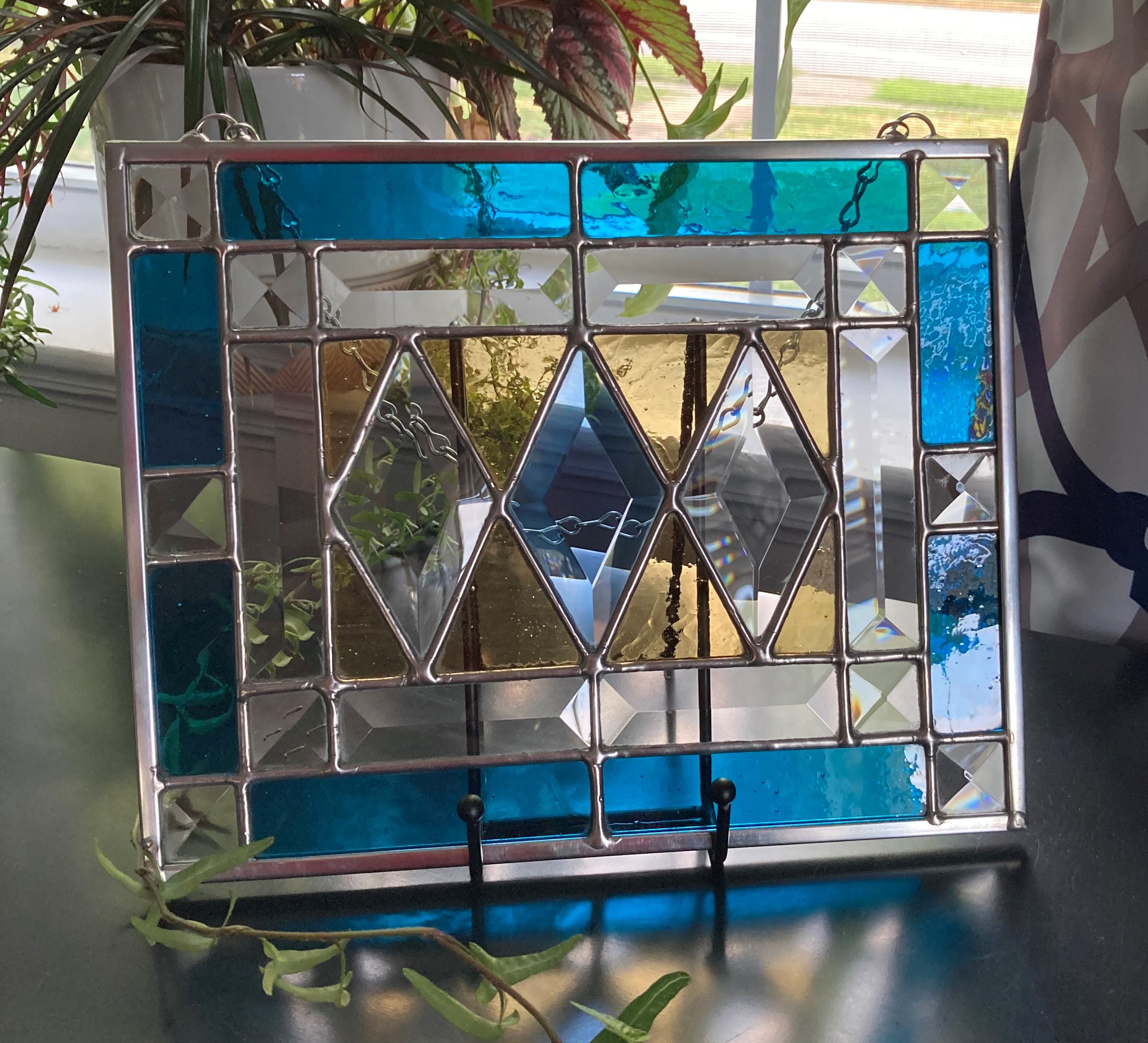 Stained Glass Rectangular Hanging Panel With Three Diamond Etsy