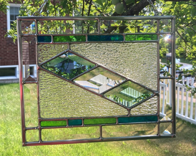 Stained Glass Rectangular Hanging Window Panel With Blue Etsy