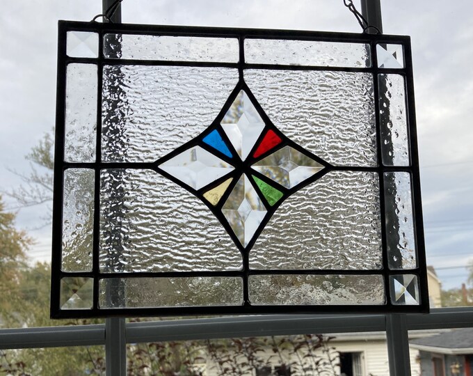 Stained Glass Rectangular Hanging Panel With Four Diamond Shaped Bevels. Cherished Addition to