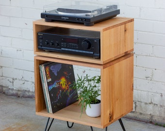 50cm Solid Hardwood Tasmanian Oak Record Player Stand With Floating Amplifier Storage