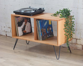 90cm Solid Tasmanian Oak Record Player Stand W/ Hairpin Legs