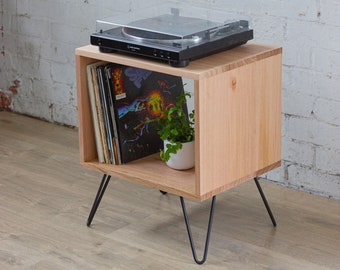 50cm Solid Hardwood Tasmanian Oak Record Player Stand W/ Hairpin Legs