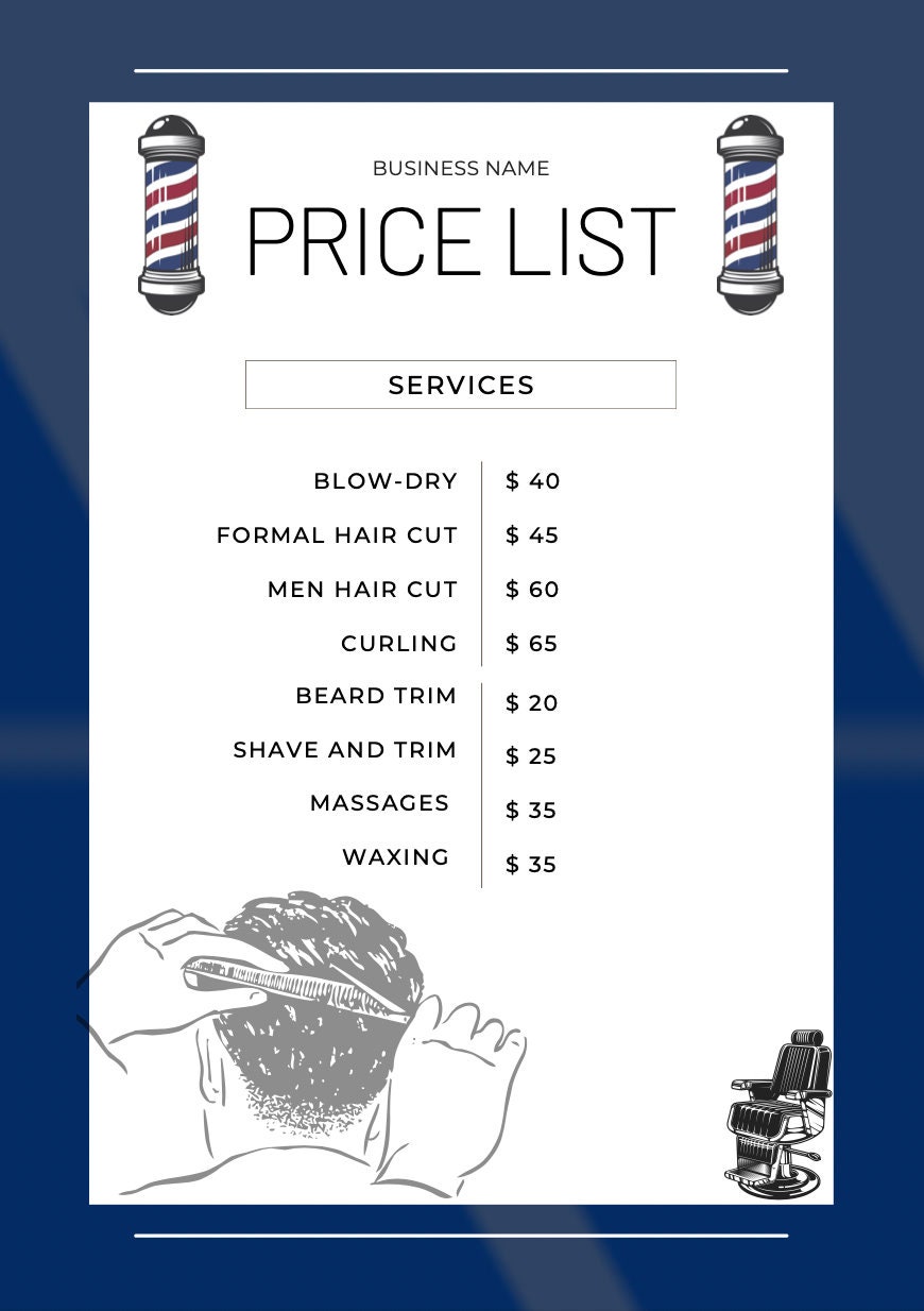 Blue and red barber shop price list Simple Blue Price List Etsy
