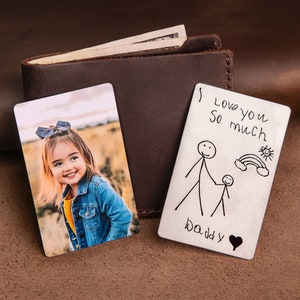 Insertion de portefeuille d'écriture manuscrite personnalisée pour papa, dessin d'enfant, carte de portefeuille d'écriture manuscrite avec photo, carte de portefeuille de dessin personnalisée