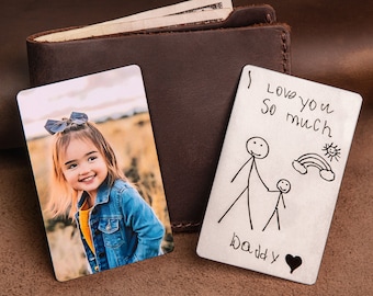 Handwriting wallet insert for dad, Childs drawing picture, Custom handwriting wallet card with photo, Personalized drawing wallet card