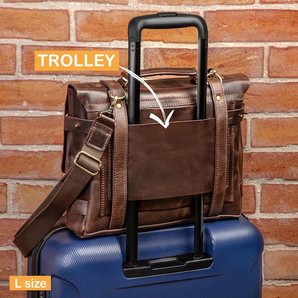 Leather Briefcase with Trolley Sleeve, Luggage bag Holder, satchel, travel laptop bag with trolley, messenger bag for travelers