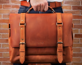 Mens Leather Briefcase, Fathers Day gift, Personalized Leather Briefcase for Dad, Mens Leather Computer Bag, Mens Laptop Messenger Bag