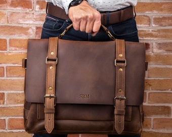 Personalized leather briefcase for men, Brown leather briefcase, Husband anniversary leather gift, mens briefcase