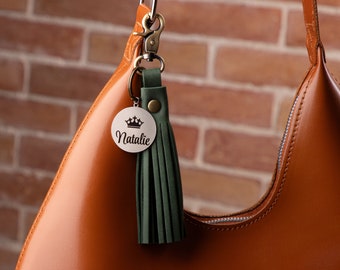 Personalized Leather Tassel Keychain Charm, Engraved Keychain, Gift for Her, Bag Charm
