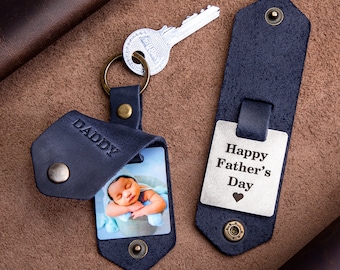 Father's Day gift, Best gift for Daddy from Daughter embossed leather photo keychain, keychain for dad, gift for new dad, newborn dad gift