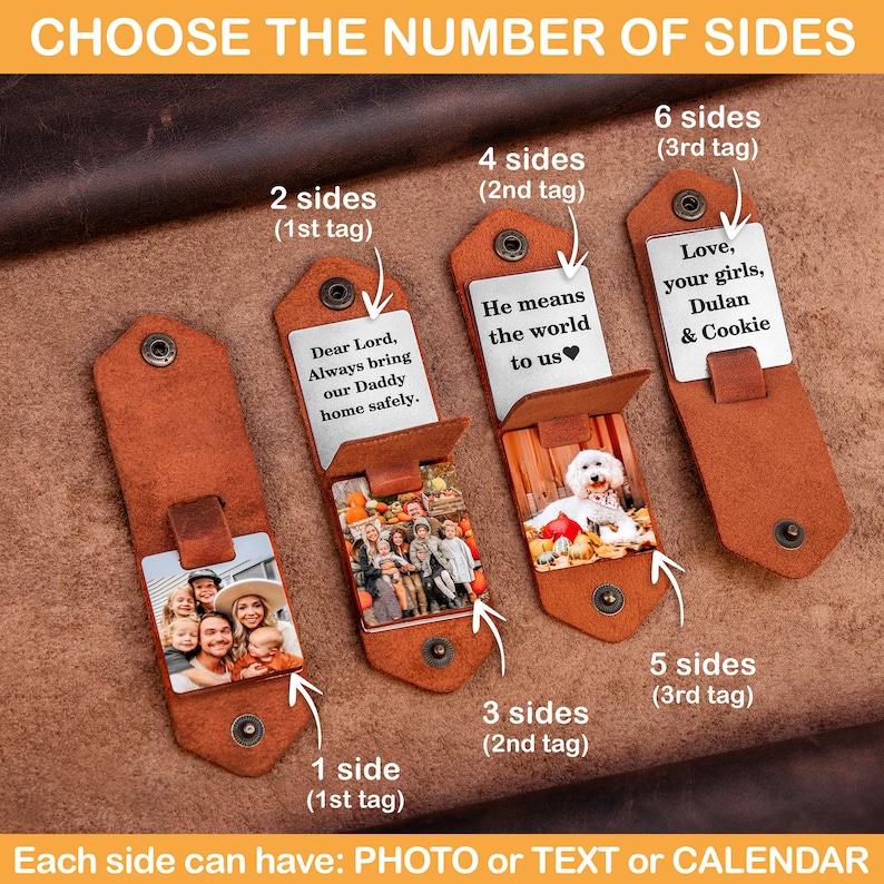 May include: Leather keychains with customizable sides. Each keychain has a metal insert for photos or text. The image shows keychains with 1, 2, 3, 4, 5, and 6 sides, each with a different photo or message.