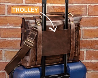 Trolley sleeve briefcase, travel briefcase with trolley sleeve, leather laptop brief with trolley sleeve, travel laptop case with trolley