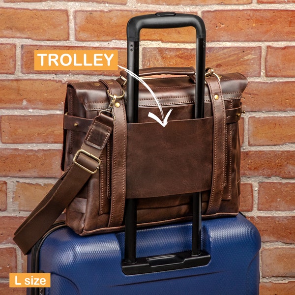 Trolley sleeve briefcase, travel briefcase with trolley sleeve, leather laptop brief with trolley sleeve, travel laptop case with trolley