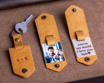 Leather key chain for boyfriend birthday gift, engraved leather keychain with picture, picture keyholder, boyfriend gift personalized