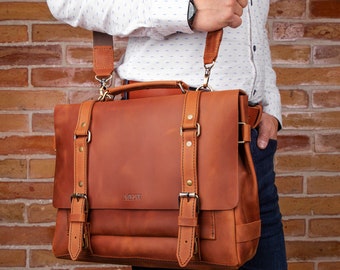 Leather messenger bag, mens briefcases of genuine leather, First work leather gift for son