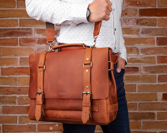 Leather messenger bag, mens briefcases of genuine leather, First work leather gift for son