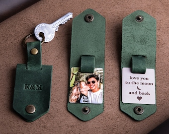 Leather Picture Keychain, Personalized Christmas Gift for Boyfriend, Photo Keychain