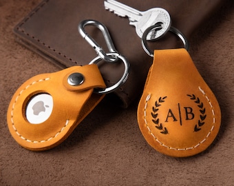 Custom Leather AirTag Keychain, Monogrammed Full Grain Leather AirTag Keychain, Made In USA, Classy Air Tag Keyring