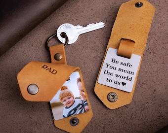 Leather photo keychain for dad, photo keyholder with leather cover, dad keychain from wife, personalized gifts for dad, Christmas day gift