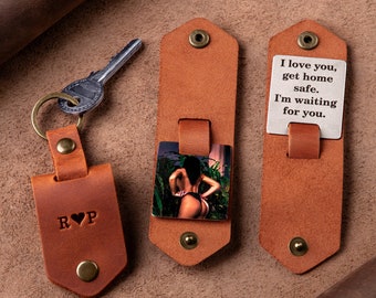 Mens Leather Keychain Personalized with Naughty Photo Sexy Gift for Him