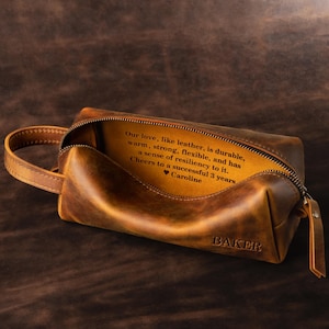 Personalized Mens Leather Toiletry Bag - 3rd Anniversary Gift for Him - Dopp Kit with Engraved Inside Message