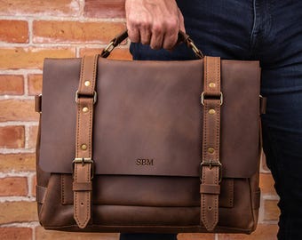 Laptop Leather Briefcase, Personalized Gift, Custom Briefcase for Men, Leather Work Bag for Laptop