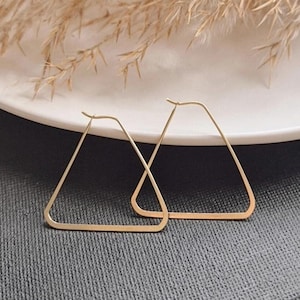 Può includere: Un paio di orecchini a cerchio triangolari dorati. Gli orecchini sono semplici ed eleganti e sarebbero un'ottima aggiunta a qualsiasi collezione di gioielli.