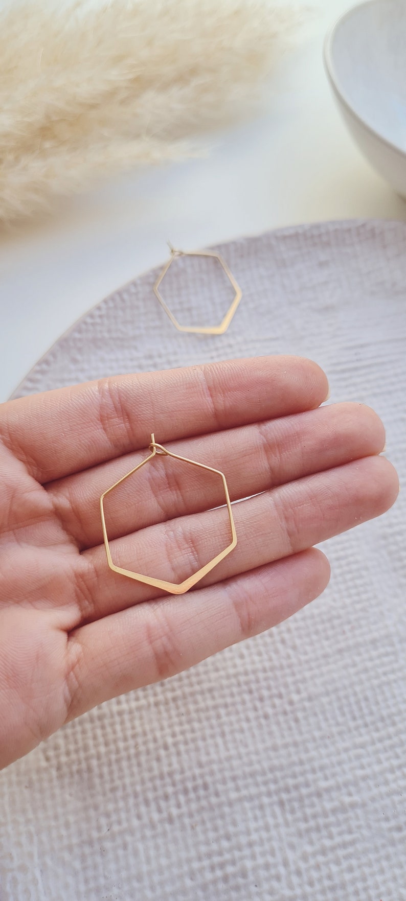 Hexagon hoop earrings gold colored / hammered brass / a pair of earrings / simple design / creative gift image 2