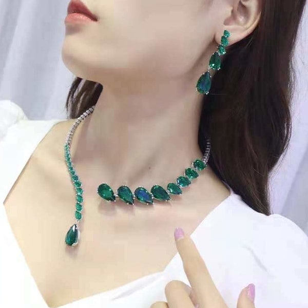 S925 Sterling Silver Imitation Emerald Jewelry Set Necklace Earrings, Wedding Pendant Necklace, Engagement Necklace, Necklaces For Women