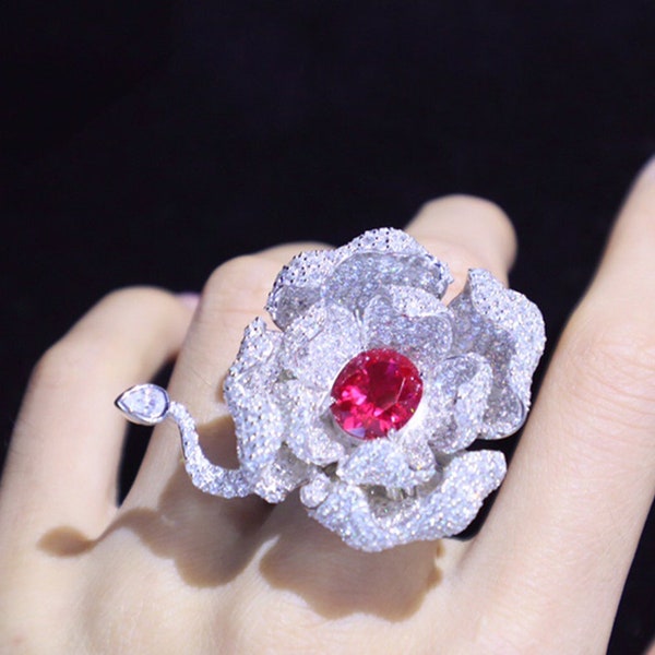 Rose Ring, Flower Ring, Silver Ring, Wedding Jewelry, Engagement Jewelry, S925 Sterling Silver Imitation Ruby Ring, Rings For Women