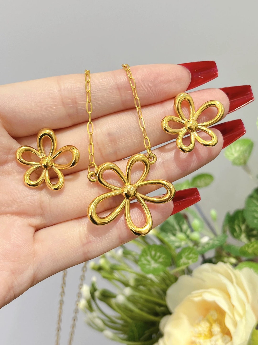 999 Gold 24K Gold Jewelry Set Gold Flower Jewelry Set Gold Etsy