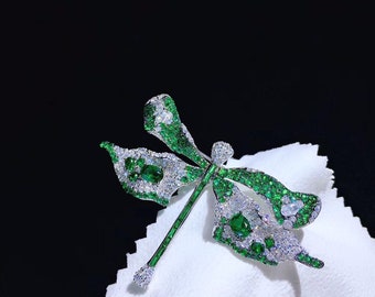 Dragonfly Brooch, Silver Brooch, Wedding Jewelry, Engagement Jewelry, S925 Sterling Silver Imitation Emerald Brooch, Brooches For Women