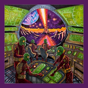 Può includere: Illustrazione colorata di un interno di un'astronave con alieni dalla pelle verde in tute rosse. La vista dall'abitacolo rivela un paesaggio viola e arancione con un fascio di luce e un pianeta in lontananza.