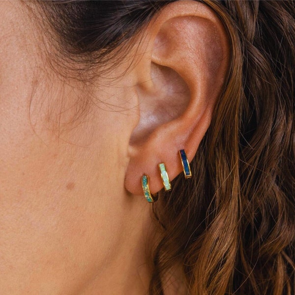 Huggie Earrings Opal Hinged Hoop Earrings, Gold Plated Small Hoop Earrings for Women Teen Girls - Fire Opal Earrings, Perfect Gift for Her