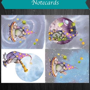 May include: Four notecards featuring watercolour illustrations of gnomes in space. Each card depicts a gnome in a purple and gold robe, flying in a spaceship against a starry background. The gnomes are wearing pointy hats with stars and are holding a telescope.