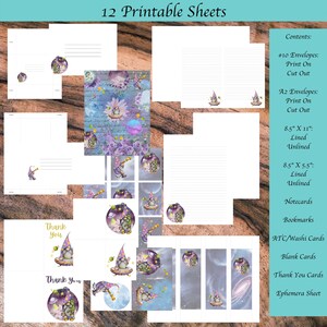 May include: Twelve printable sheets featuring a whimsical gnome character in a purple and blue space-themed design. Includes envelopes, lined and unlined paper, notecards, bookmarks, ATC/Washi cards, blank cards, thank you cards, and an ephemera sheet.