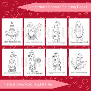 Páginas para colorear de gnomos del Día de San Valentín - Sólo archivos digitales - Imprima los suyos propios - Descarga instantánea - Páginas de 8,5" X 11" - 8 diseños - Contornos