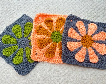 Crochet pattern daisy 3D retro flower granny square crochet pattern easy motif granny square blanket square, Crochet daisy 3D retro  square