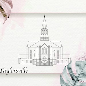 May include: Line drawing of a church building with a tall steeple and the text "Taylorsville" below it.