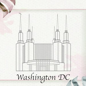 Puede incluir: Un dibujo en blanco y negro de líneas del Templo de Washington D.C., un gran edificio con múltiples torres. El dibujo está sobre un fondo blanco con una lavada de acuarela rosa.