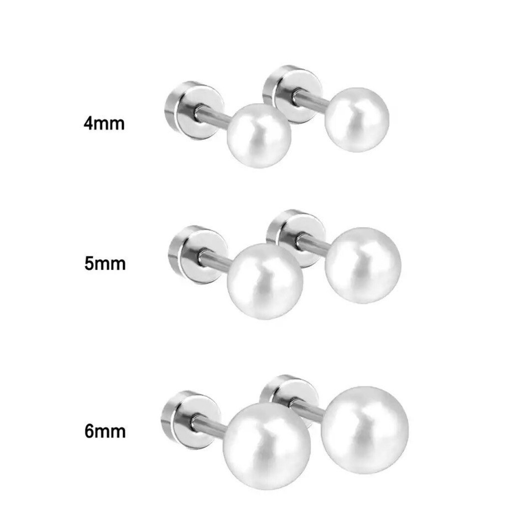 Silver Pearl Stud Earrings, Titanium, Minimalist Gold Pearl Screw Studs