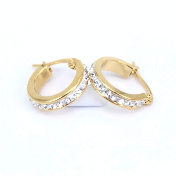 Titanium Gold Crystals Snap Back Hoop Earring Pair Hypoallergenic