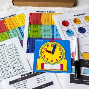 May include: Educational resources including a clock-shaped learning tool, multiplication and division tables, and fraction charts. A brown cardboard box is at the top. A black and white marker is also included.