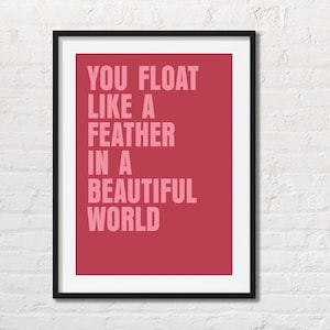 Könnte beinhalten: Ein gerahmter Druck mit rotem Hintergrund und rosa Text, der "You float like a feather in a beautiful world." lautet.