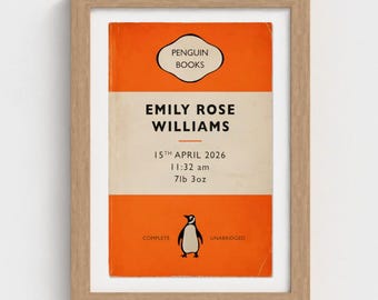 Personalised Baby Birth Print, Newborn Name Poster, Date Time Weight, Penguin Book Style Gift